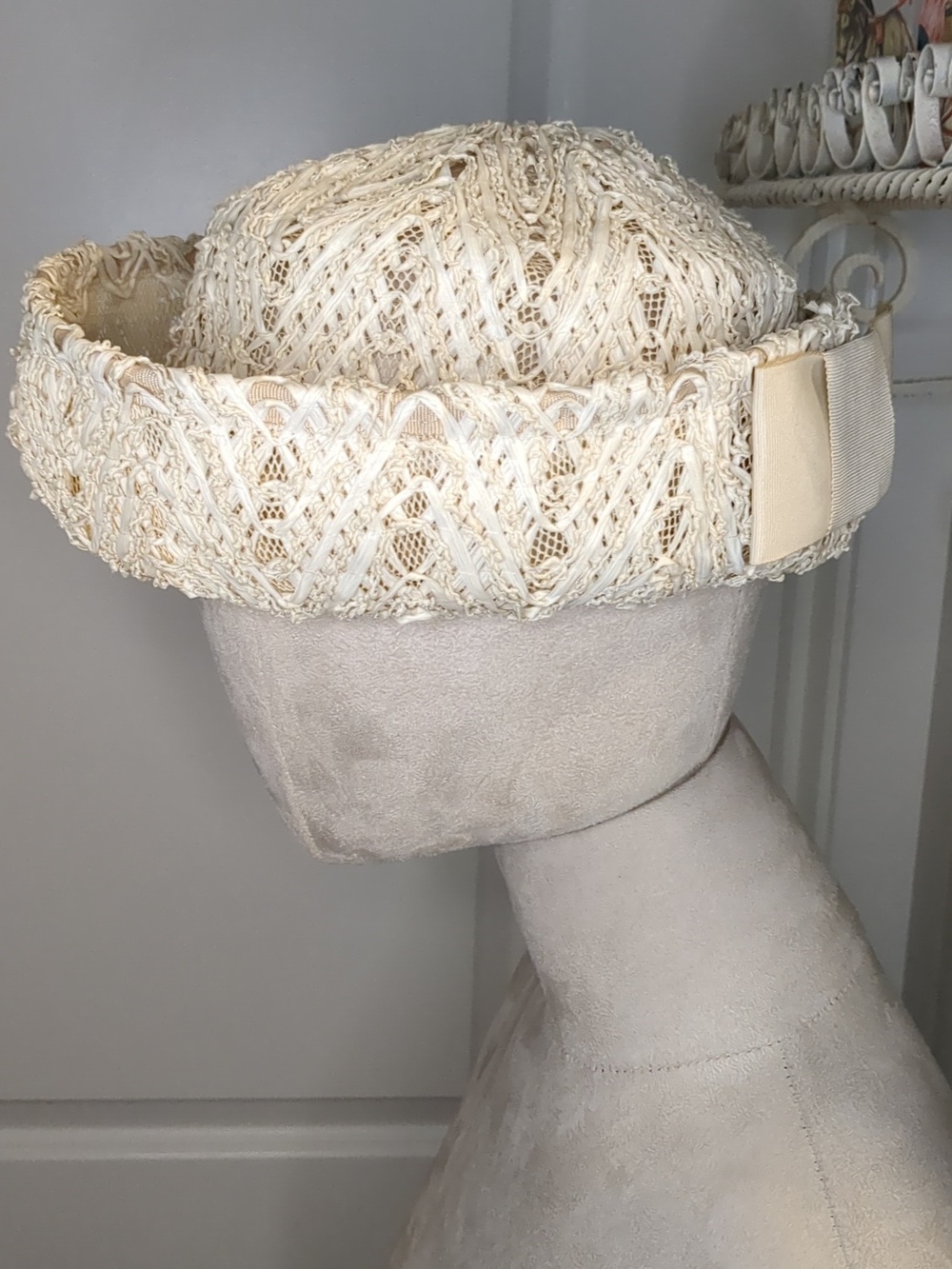 Vintage 50s Clover Lane Ivory Straw Sailor Hat Grosgrain Bow Kentucky Derby SZ S